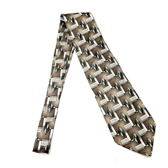 Pierre Cardin Silk‎ Tie Brown Green Print Geometric Wide - Picture 6 of 6